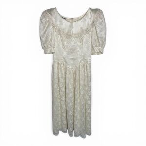 Vintage Gunne Sax Jessica McClintock Lace Puff Sleeve Midi Dress Ivory Size 5